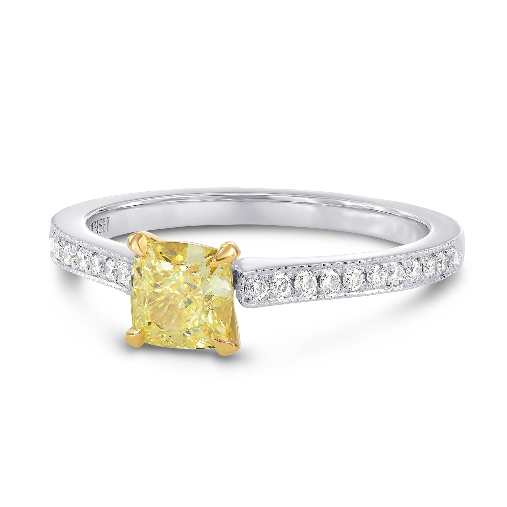 Fancy Yellow Cushion Diamond Pave Milgrain Ring