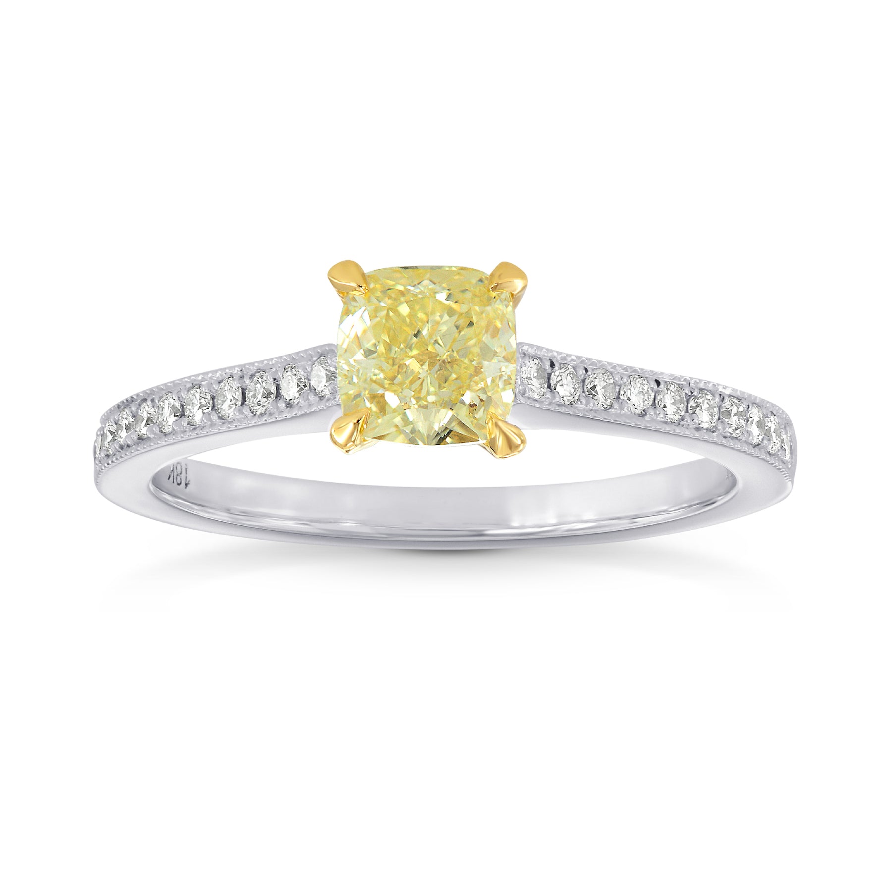 Fancy Yellow Cushion Diamond Pave Milgrain Ring