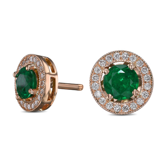 Green Emerald and Diamond Halo Earrings