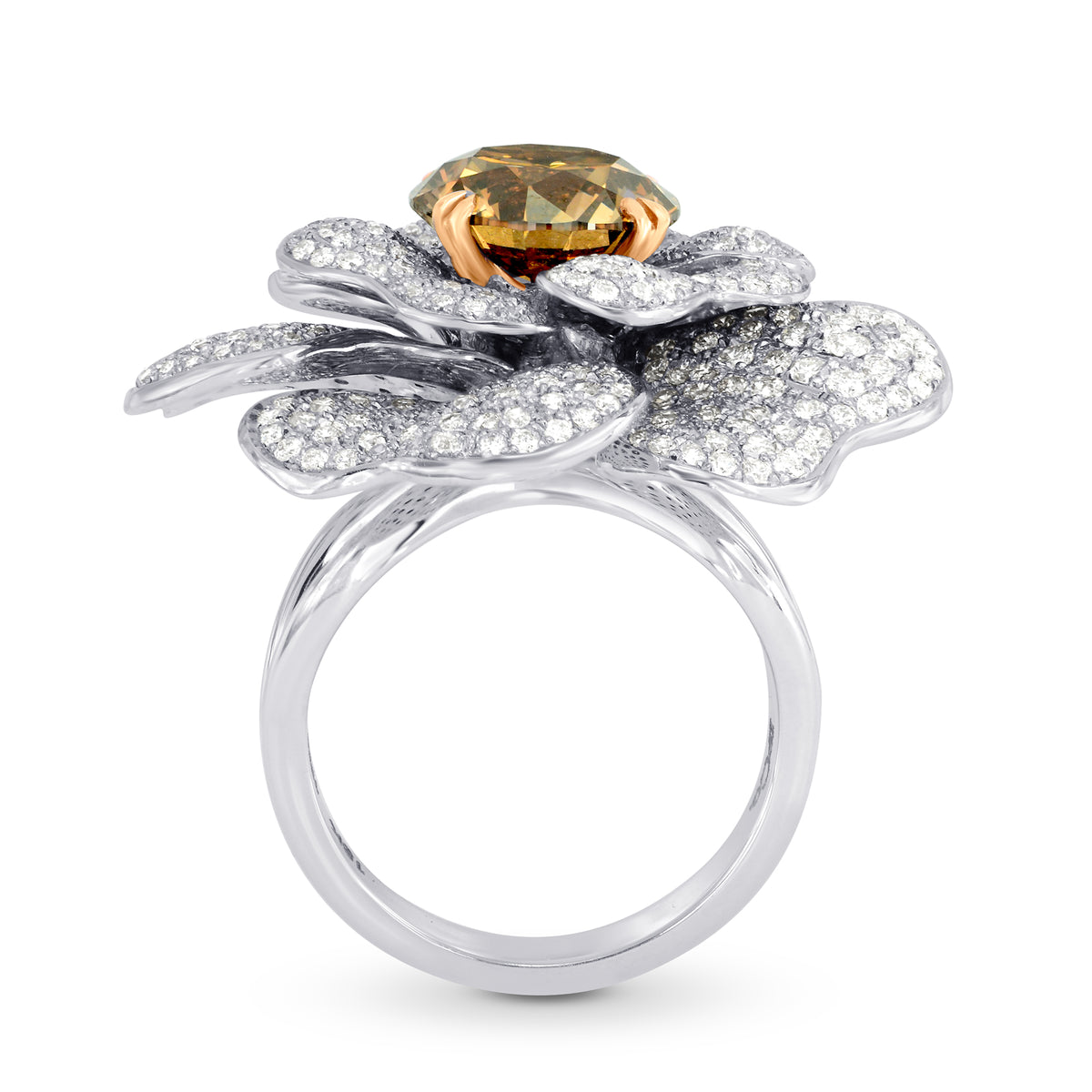 Fancy Orange Brown Diamond Pave Diamond Flower Ring