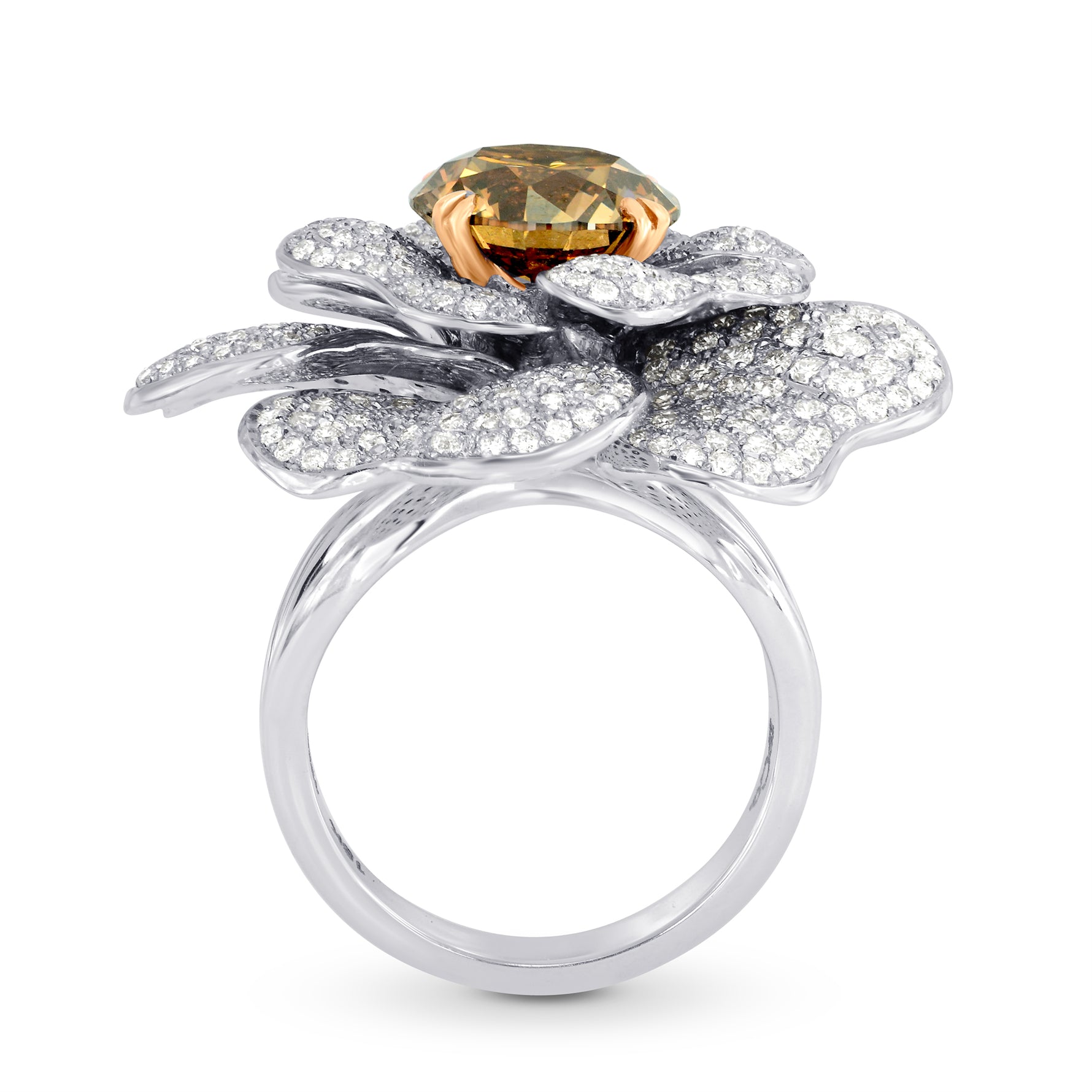 Fancy Orange Brown Diamond Pave Diamond Flower Ring