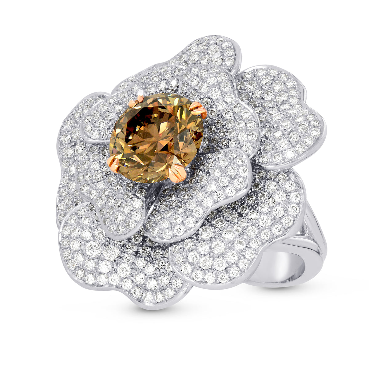 Fancy Orange Brown Diamond Pave Diamond Flower Ring