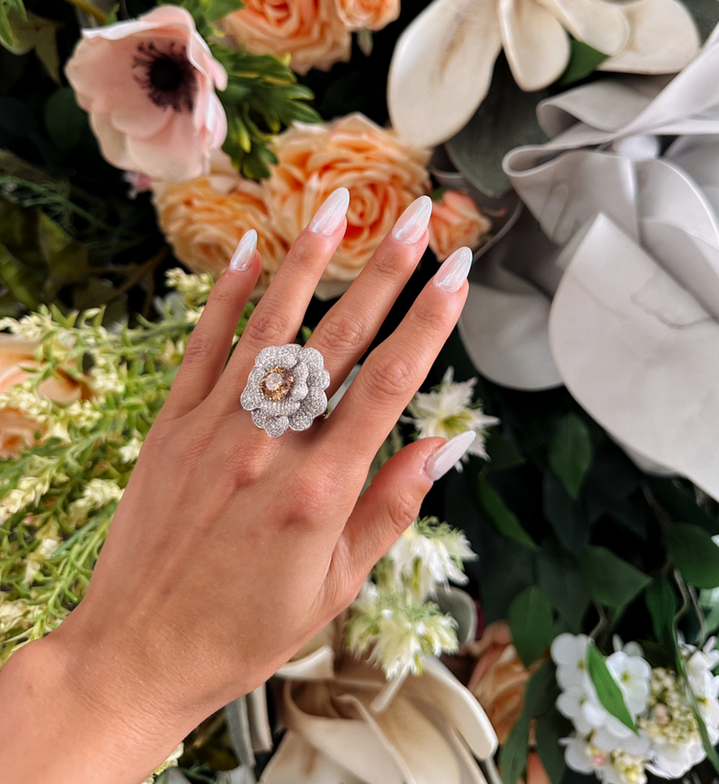 Fancy Orange Brown Diamond Pave Diamond Flower Ring