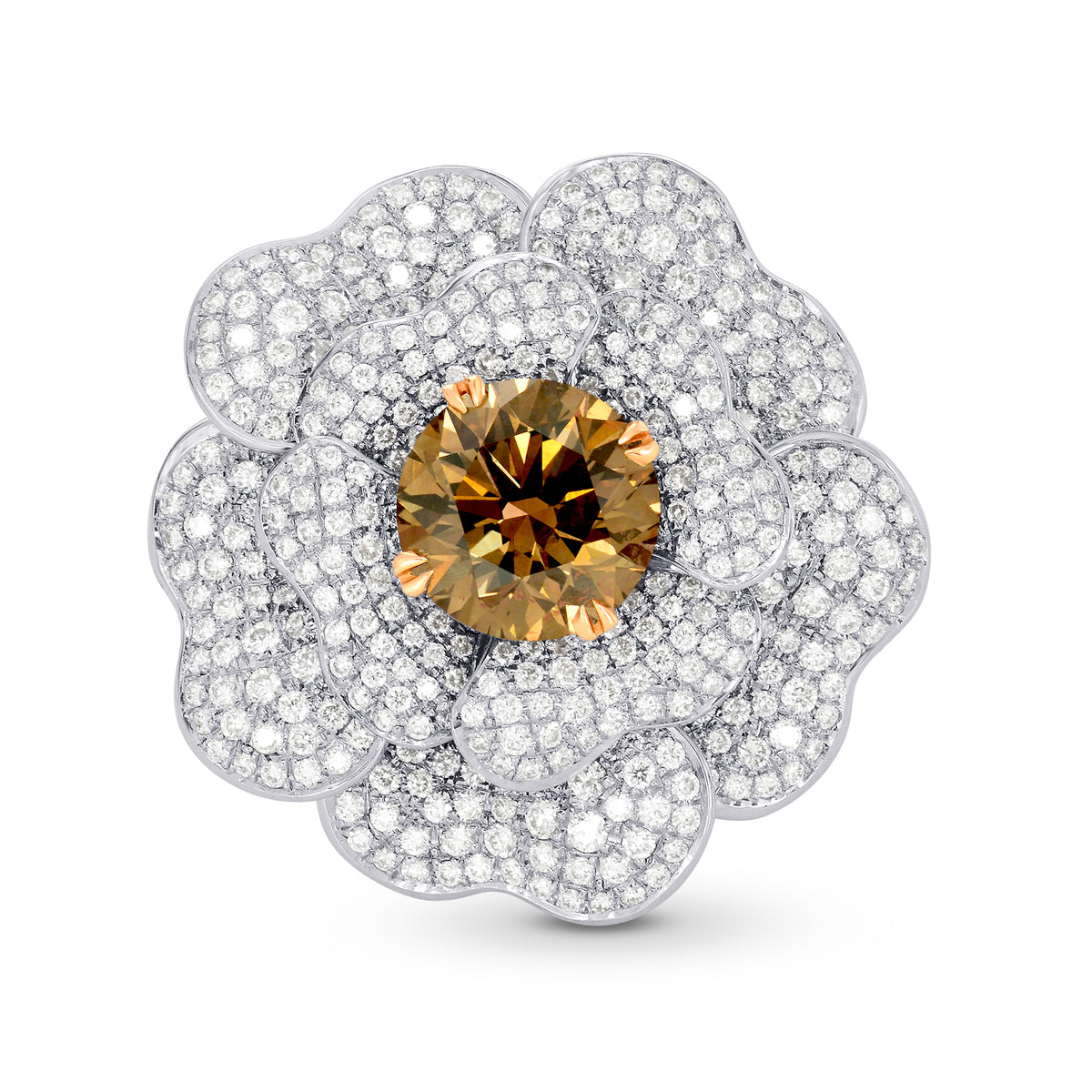 Fancy Orange Brown Diamond Pave Diamond Flower Ring