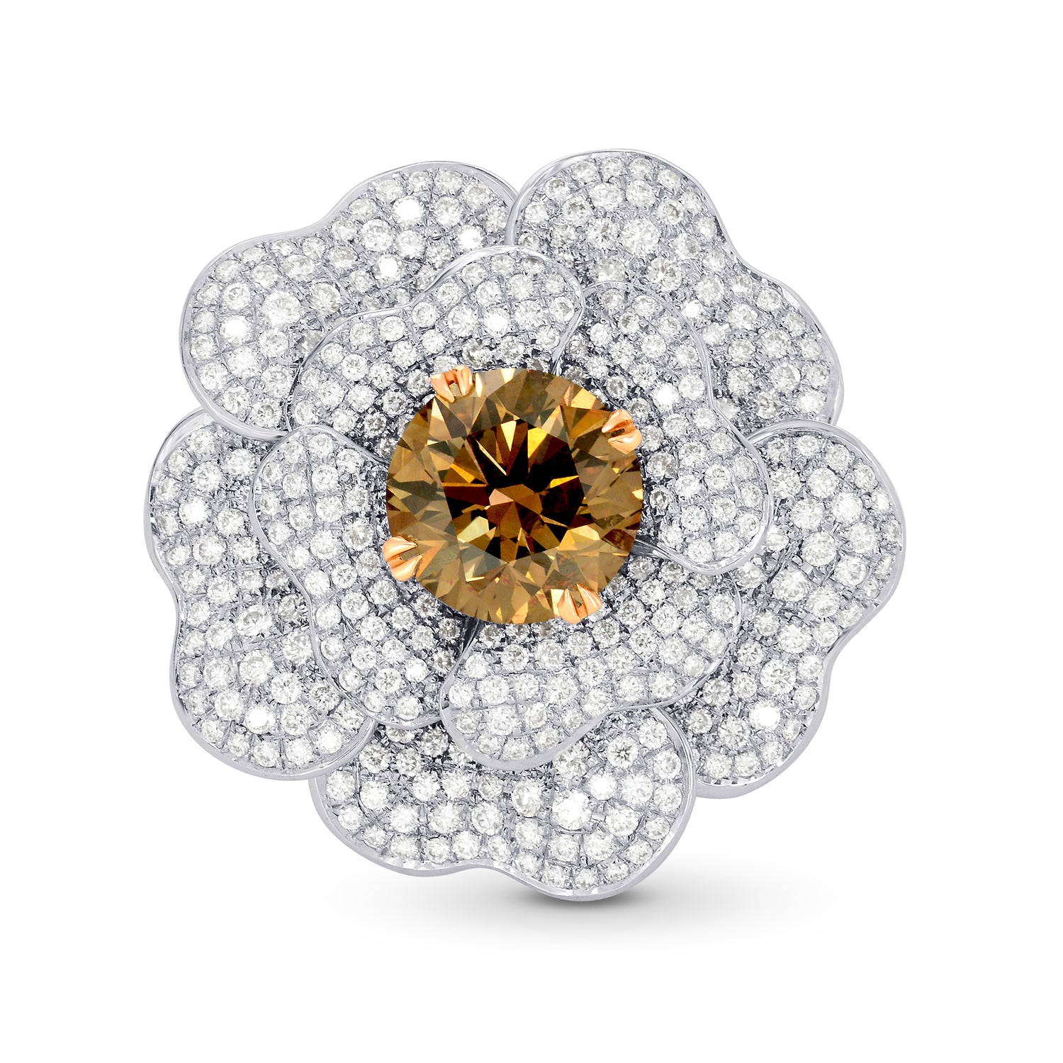 Fancy Orange Brown Diamond Pave Diamond Flower Ring