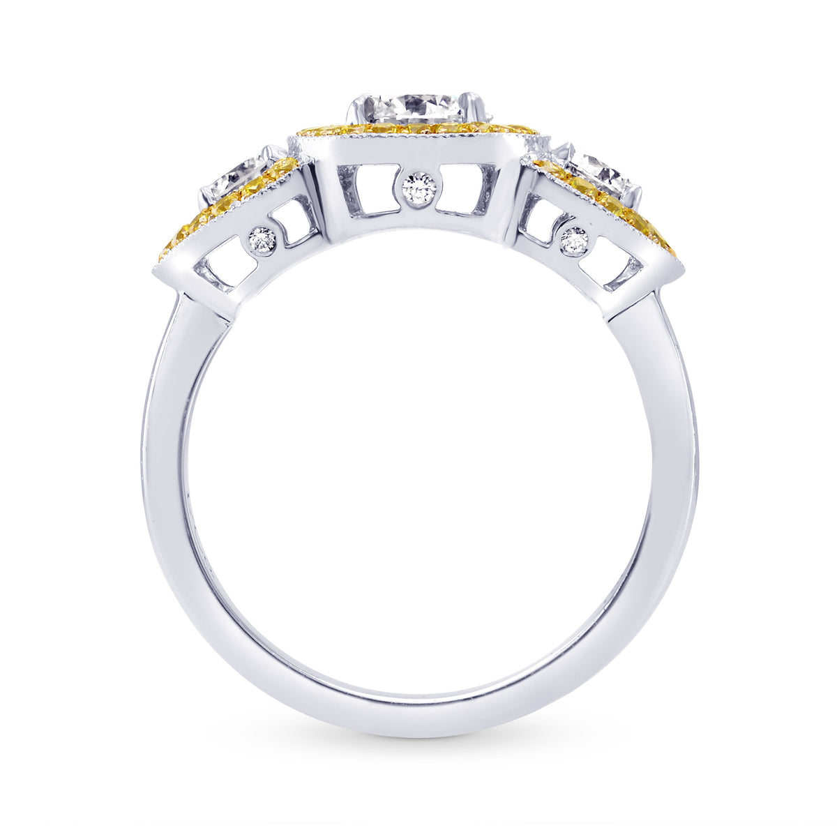 Colorless White and Fancy Intense Yellow Diamond 3 Stone Halo Ring
