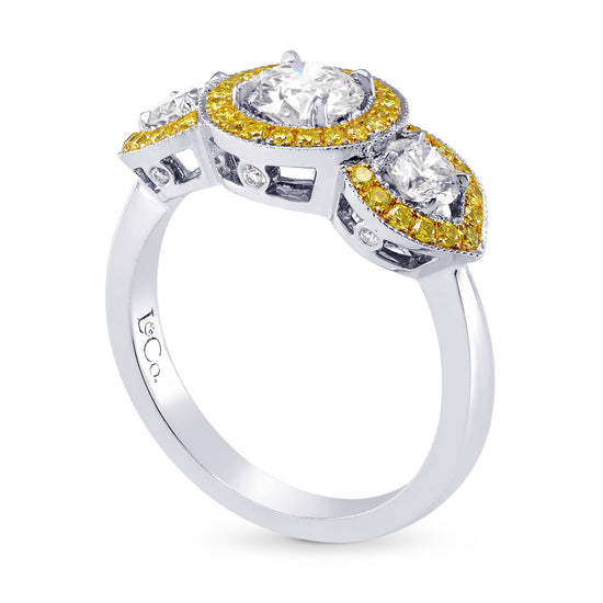 Colorless White and Fancy Intense Yellow Diamond 3 Stone Halo Ring