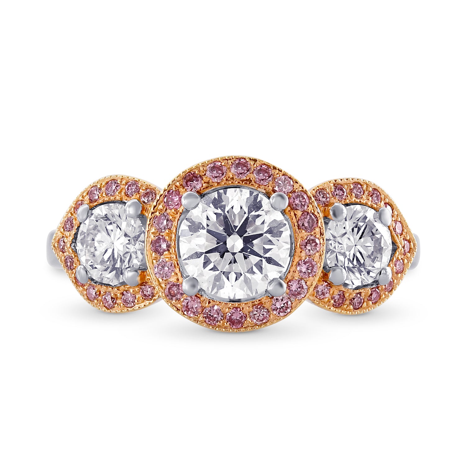 White and Fancy Pink Diamond 3 Stone Halo Ring