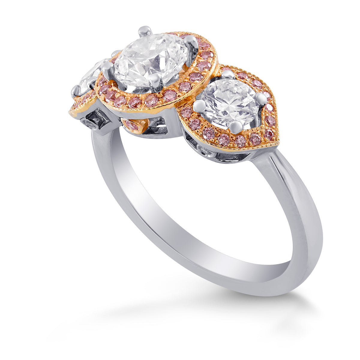 White and Fancy Pink Diamond 3 Stone Halo Ring