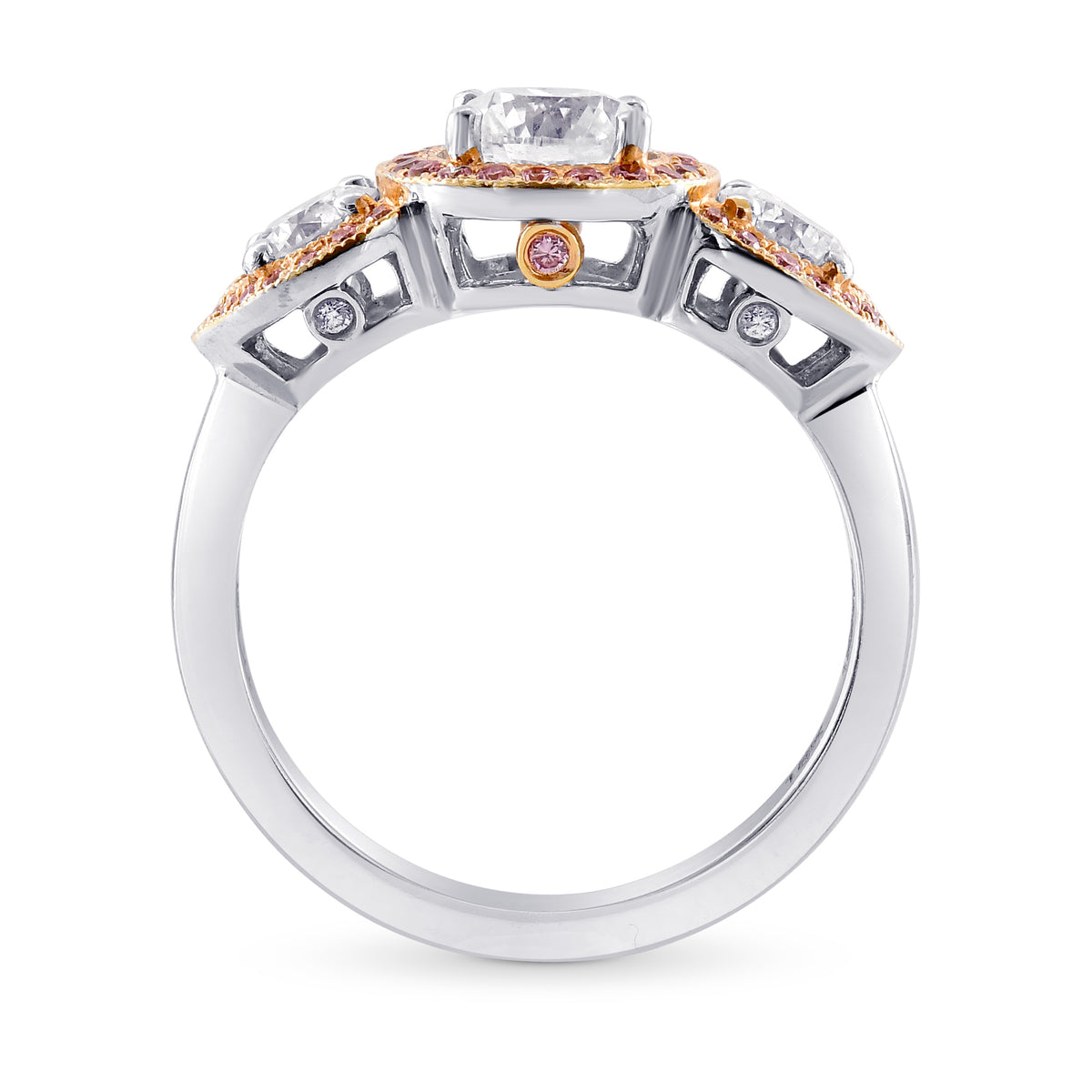 White and Fancy Pink Diamond 3 Stone Halo Ring