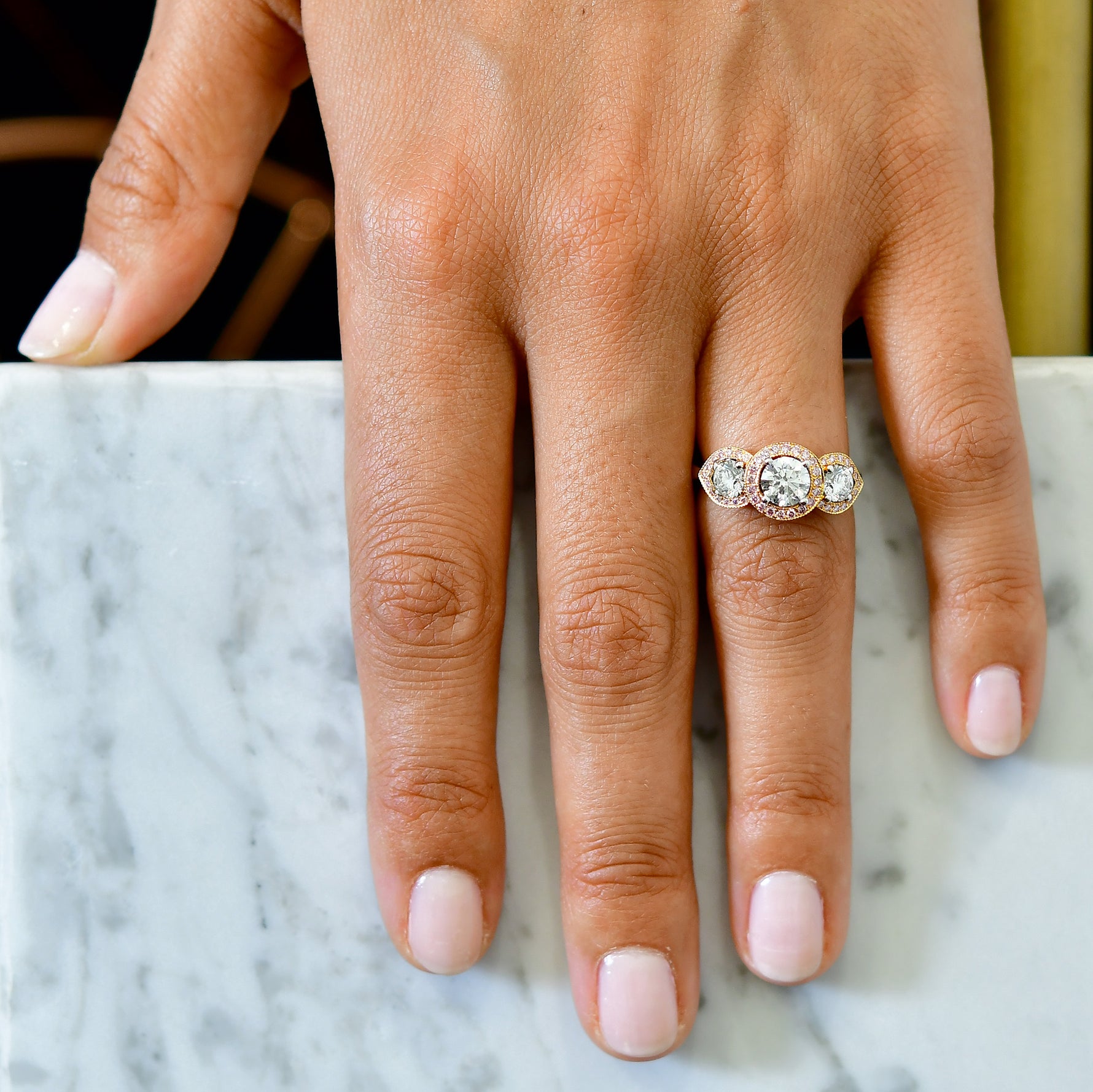 White and Fancy Pink Diamond 3 Stone Halo Ring
