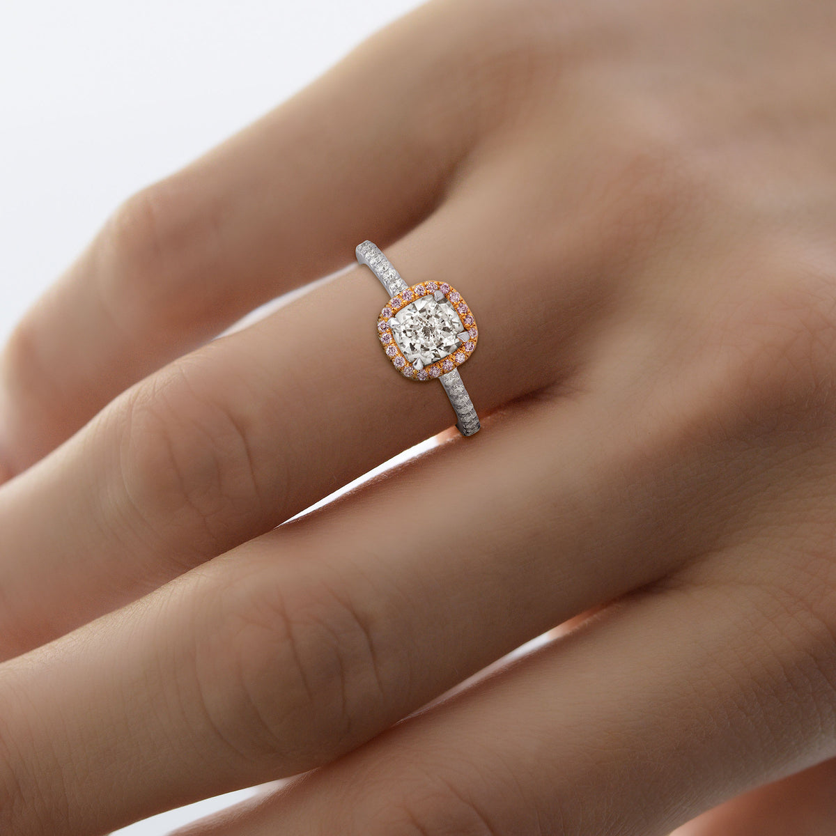 Collection White Cushion and Pink Diamond Halo Platinum Ring