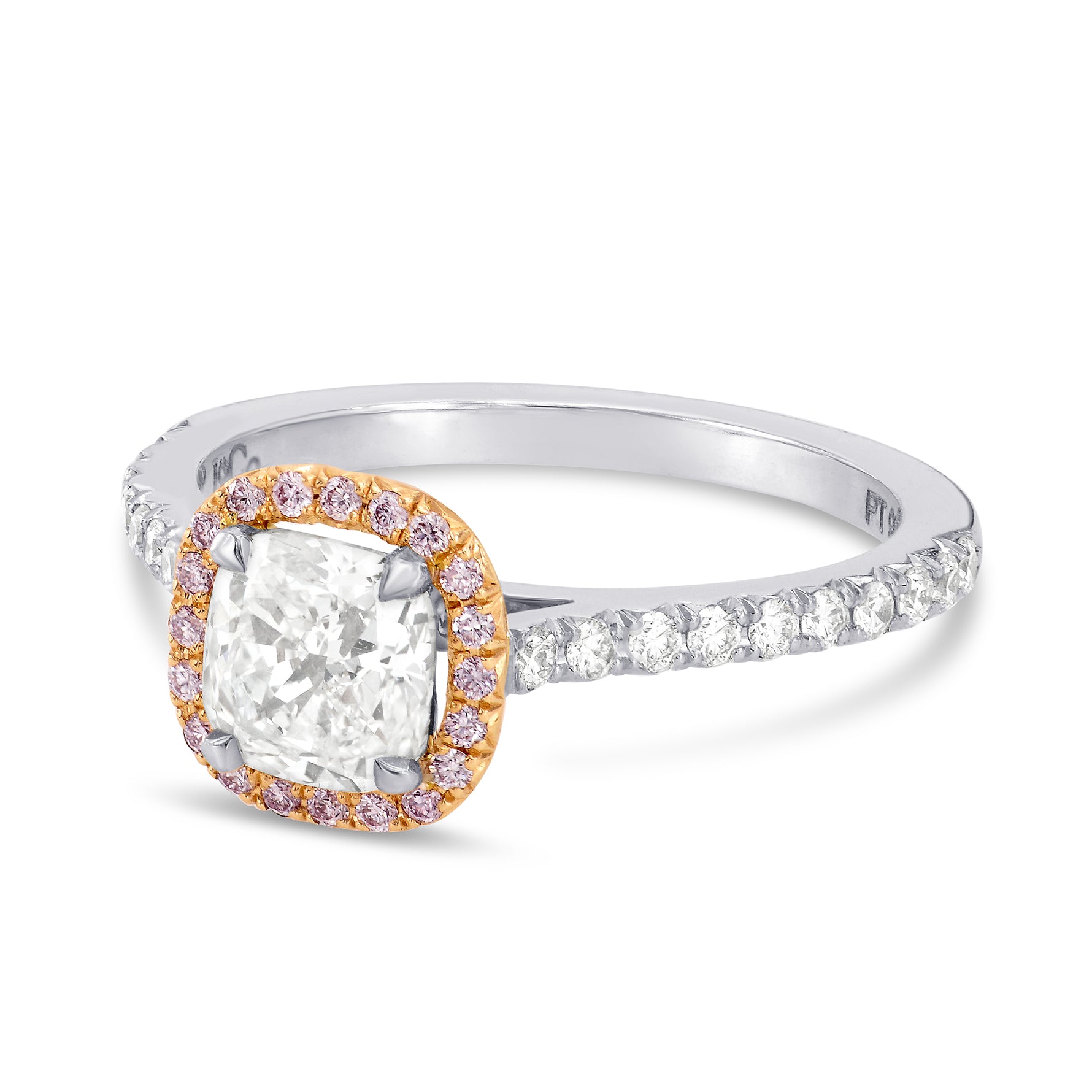 Collection White Cushion and Pink Diamond Halo Platinum Ring