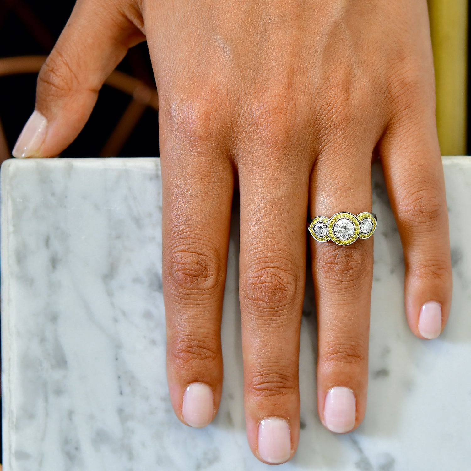 3 Stone Round White and Fancy Intense Yellow Diamond Halo Ring