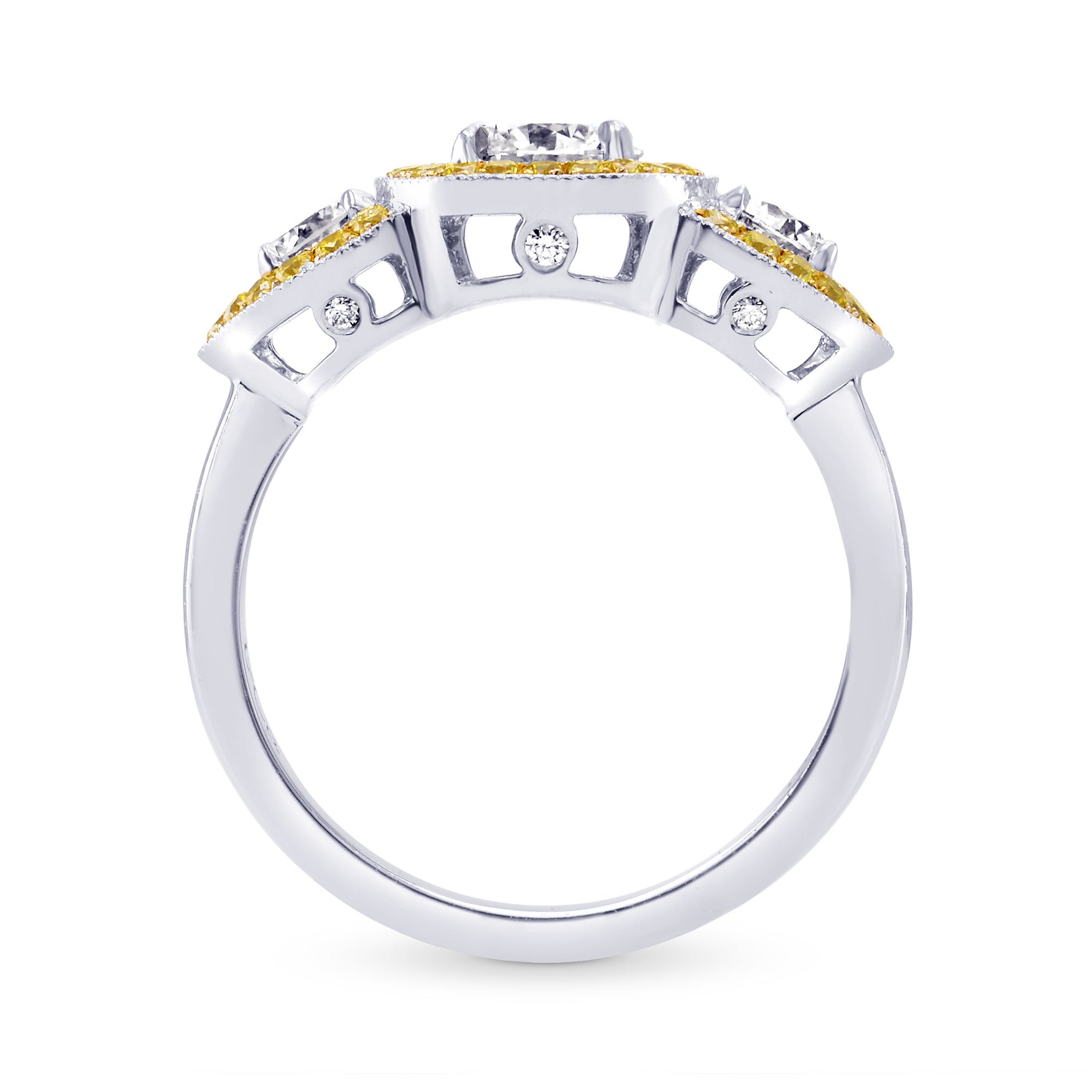 3 Stone Round White and Fancy Intense Yellow Diamond Halo Ring