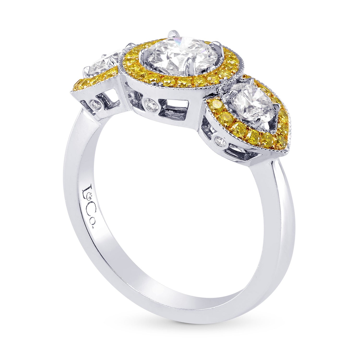 3 Stone Round White and Fancy Intense Yellow Diamond Halo Ring