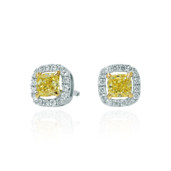 Fancy Yellow Cushion Diamond Halo Earrings