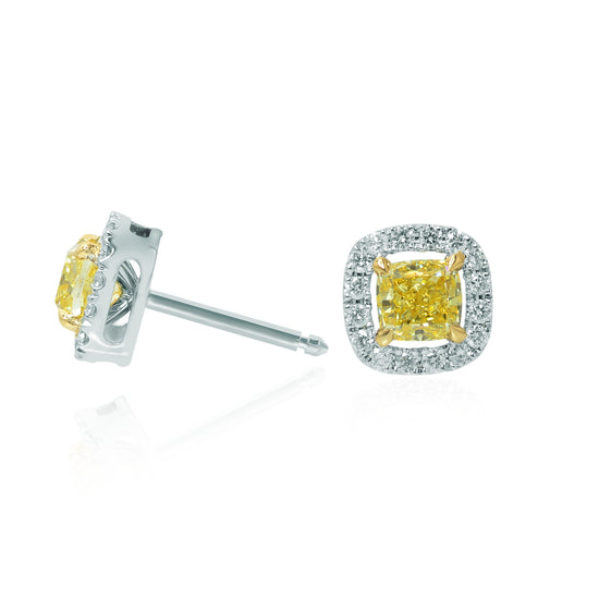 Fancy Yellow Cushion Diamond Halo Earrings