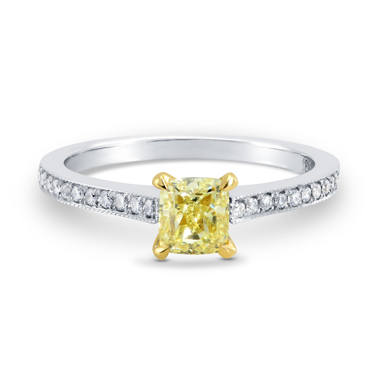 Fancy Yellow Cushion Diamond Pave Milgrain Ring