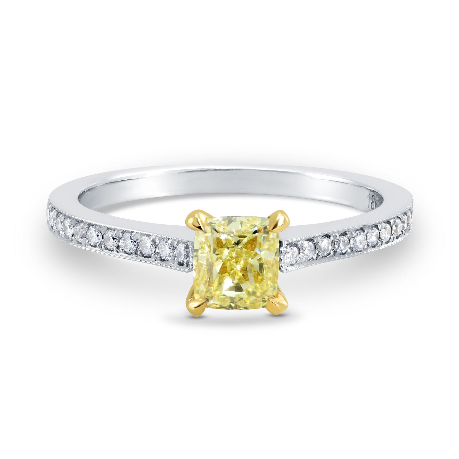 Fancy Yellow Cushion Diamond Pave Milgrain Ring