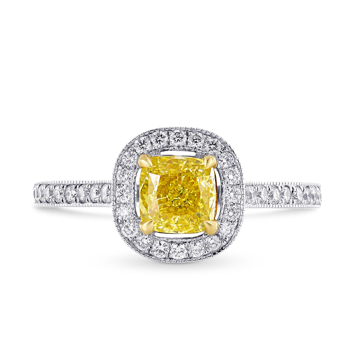 Fancy Intense Yellow Cushion Diamond Milgrain Halo Ring