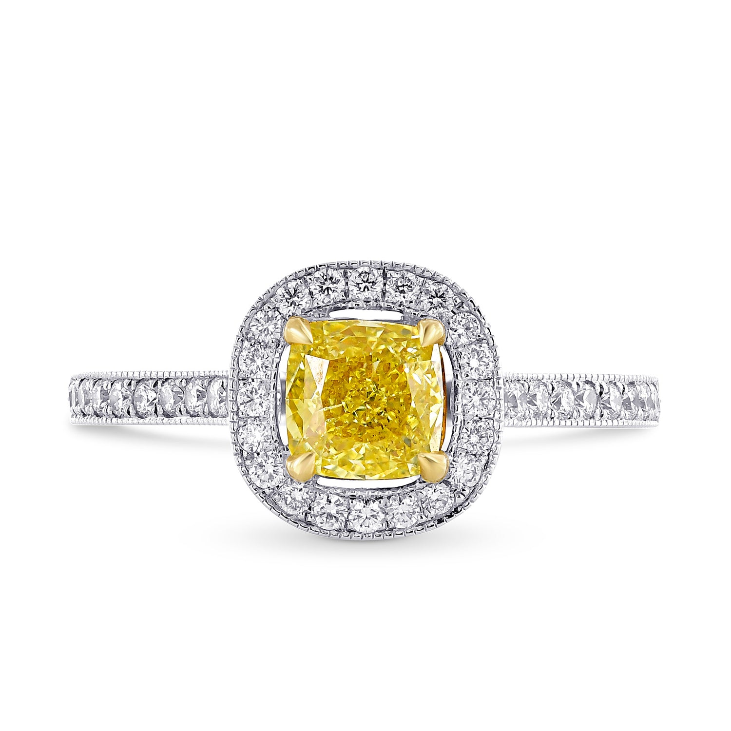 Fancy Intense Yellow Cushion Diamond Milgrain Halo Ring