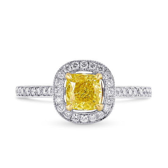 Fancy Intense Yellow Cushion Diamond Milgrain Halo Ring