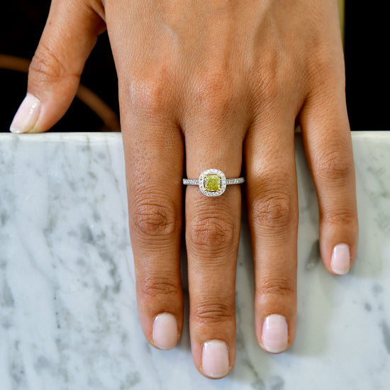 Fancy Intense Yellow Cushion Diamond Milgrain Halo Ring