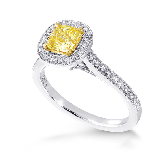 Fancy Intense Yellow Cushion Diamond Milgrain Halo Ring
