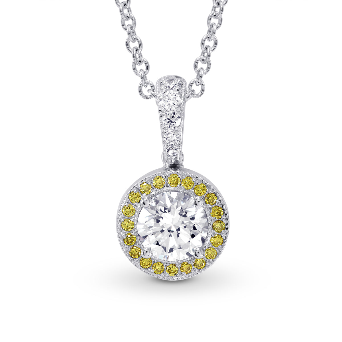  White and Fancy Intense Yellow Diamond Milgrain Halo Pendant