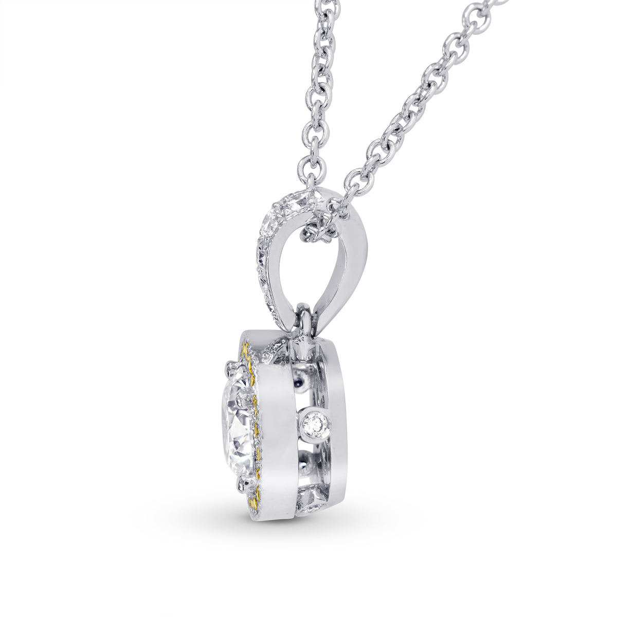  White and Fancy Intense Yellow Diamond Milgrain Halo Pendant