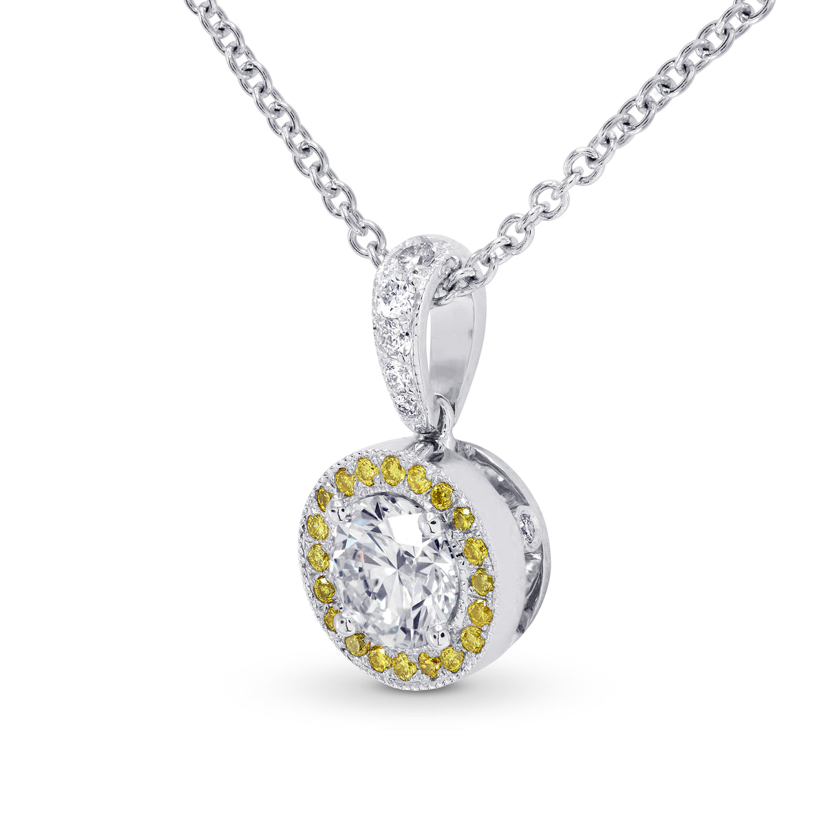  White and Fancy Intense Yellow Diamond Milgrain Halo Pendant