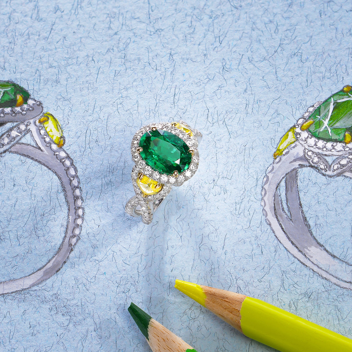 Emerald Oval and Yellow Heart Diamond Designer Ring