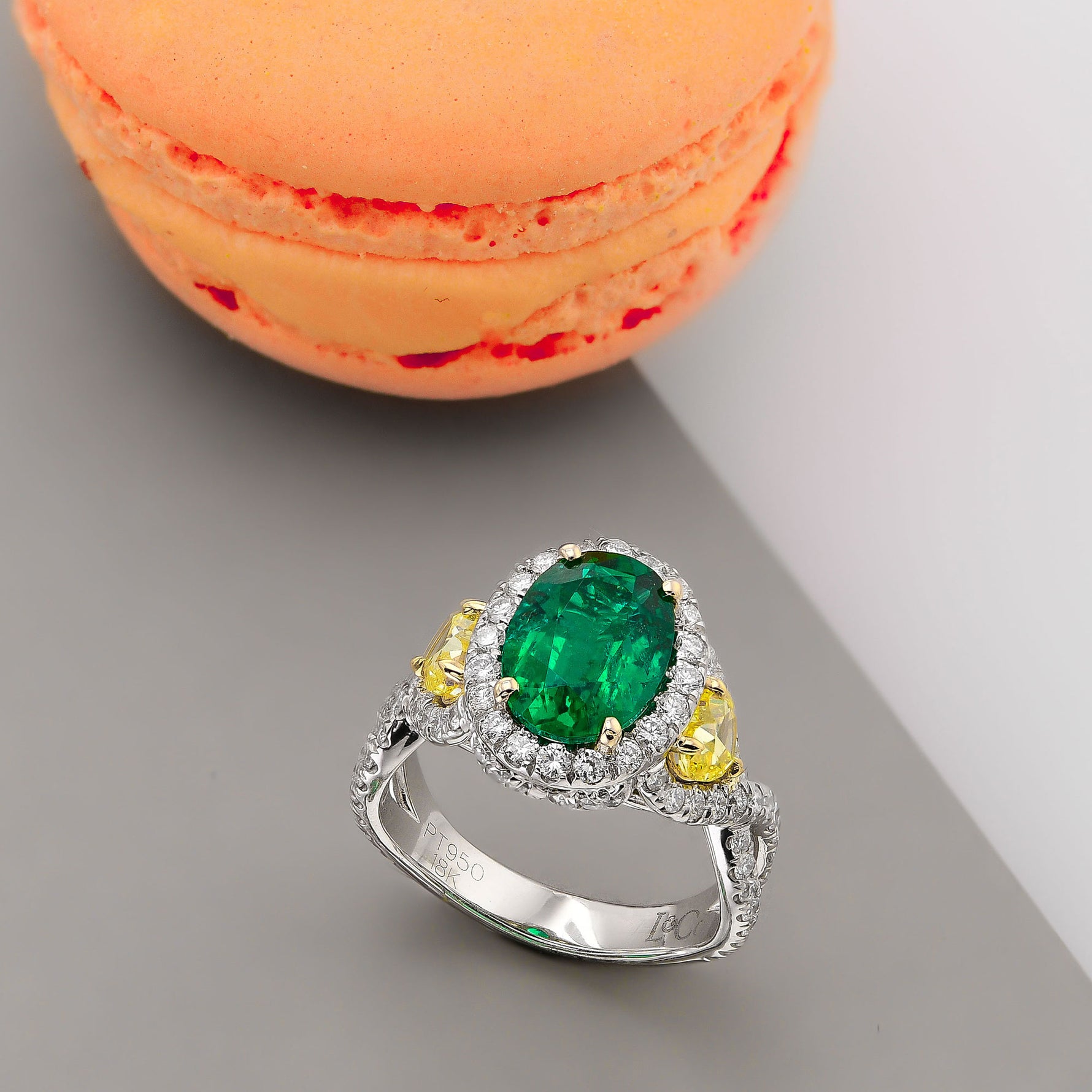 Emerald Oval and Yellow Heart Diamond Designer Ring