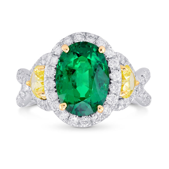 Emerald Oval and Yellow Heart Diamond Designer Ring