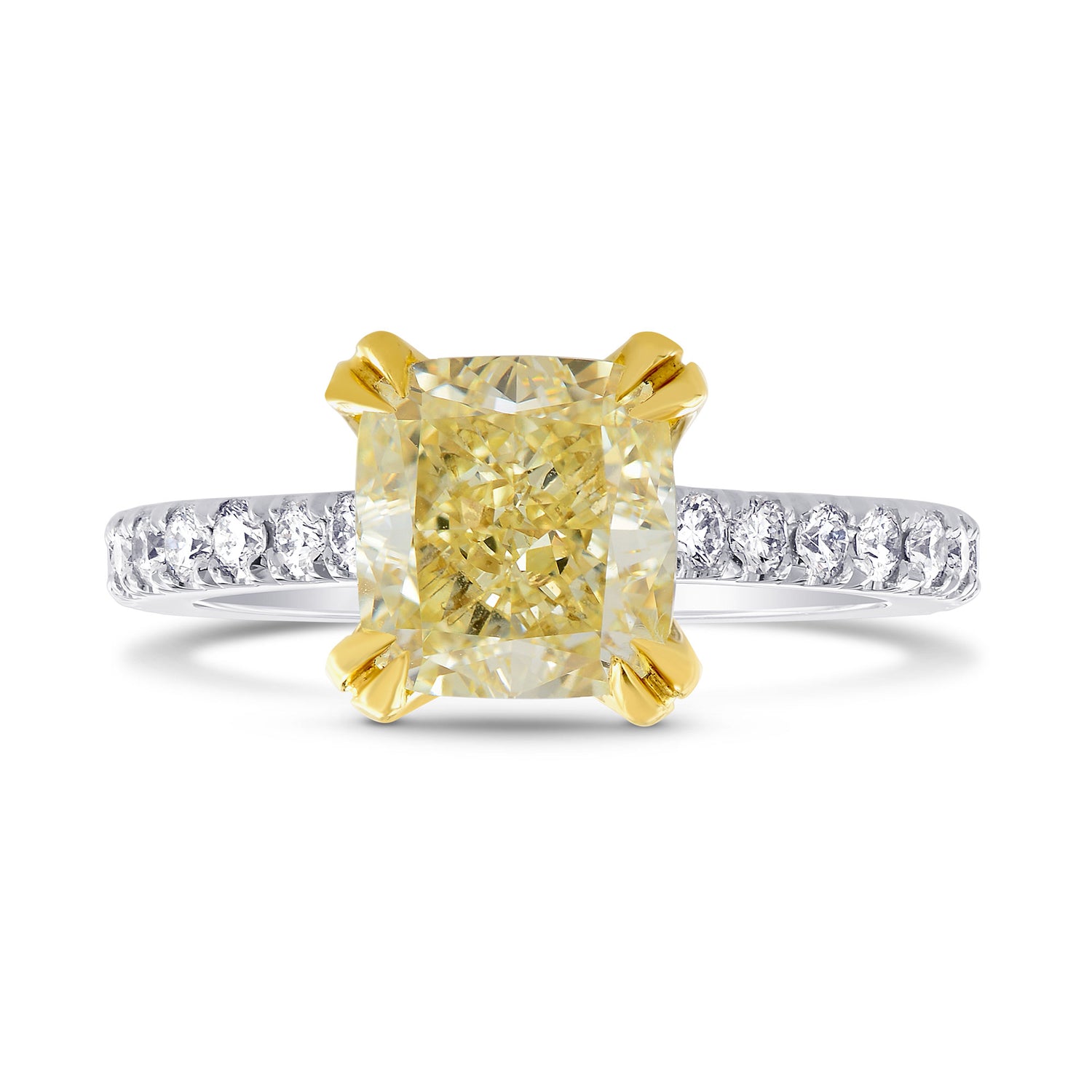  Fancy Intense Yellow Cushion Diamond Side stone Ring