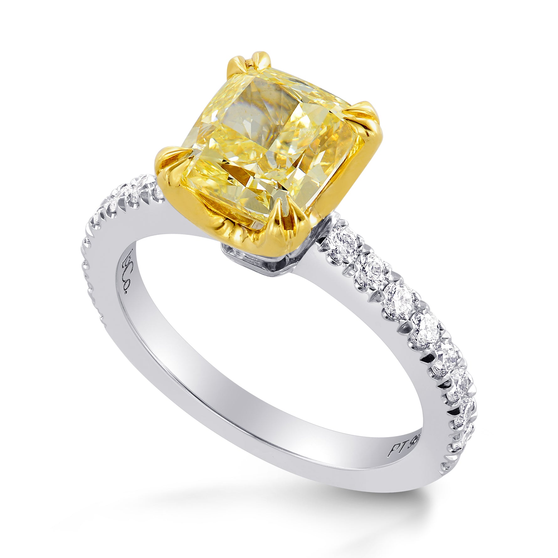  Fancy Intense Yellow Cushion Diamond Side stone Ring
