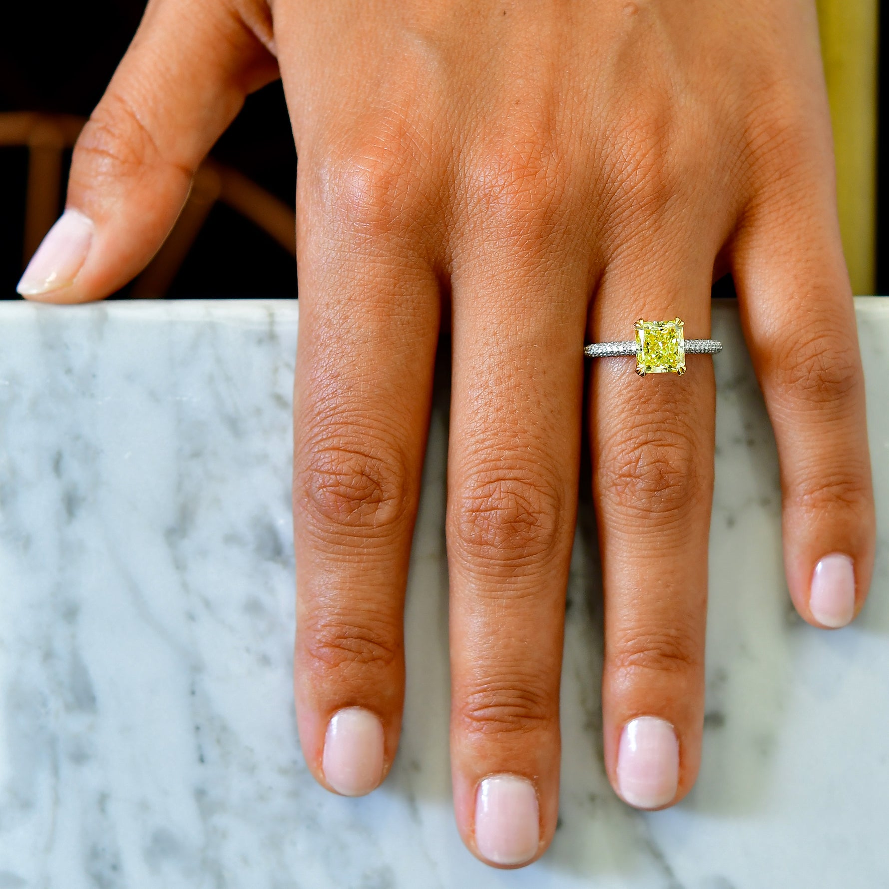  Fancy Intense Yellow Cushion Diamond Side stone Ring