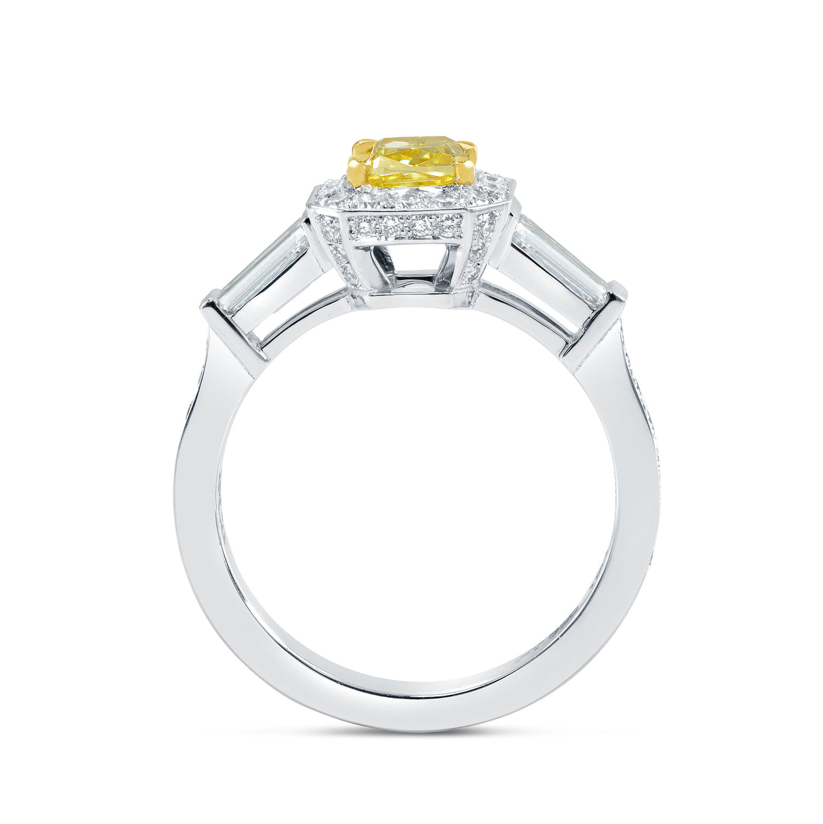 Fancy Vivid Yellow Diamond Halo and Side-stone Ring