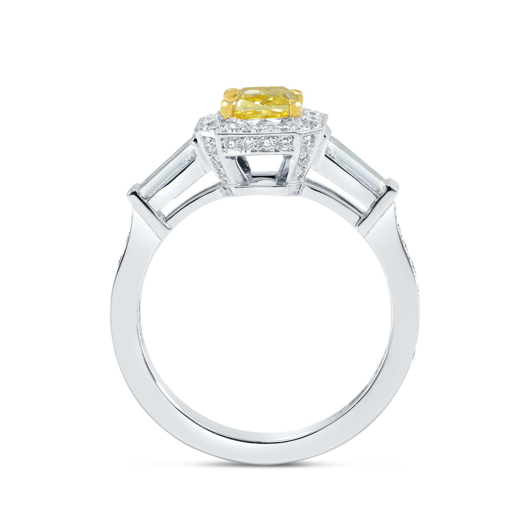Fancy Vivid Yellow Diamond Halo and Side-stone Ring
