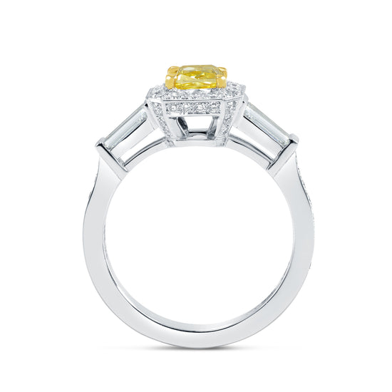 Fancy Vivid Yellow Diamond Halo and Side-stone Ring