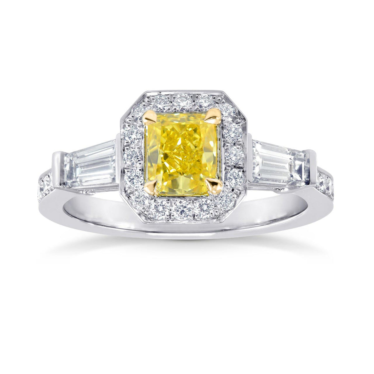 Fancy Vivid Yellow Diamond Halo and Side-stone Ring