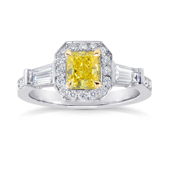 Fancy Vivid Yellow Diamond Halo and Side-stone Ring