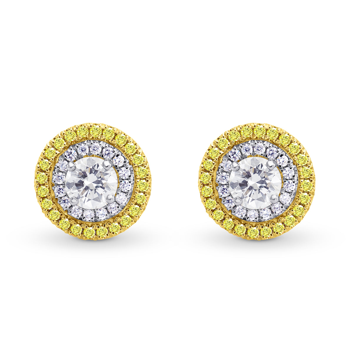 White and Fancy Intense Yellow Diamond Double Halo Earrings