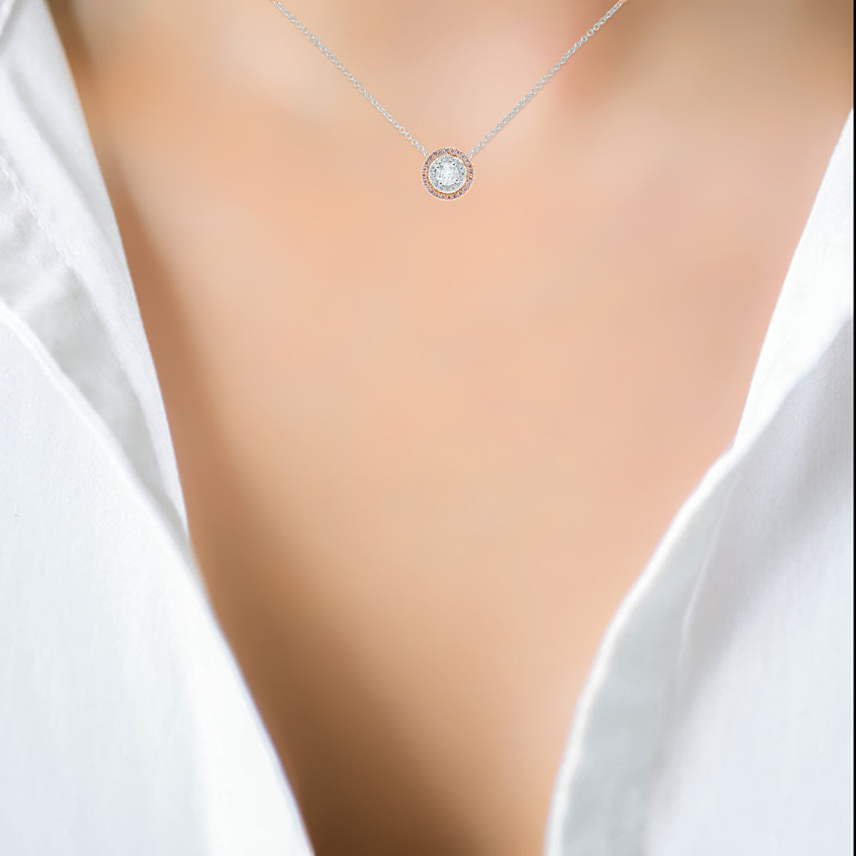 Round White and Fancy Light Pink Diamond Double Halo Pendant