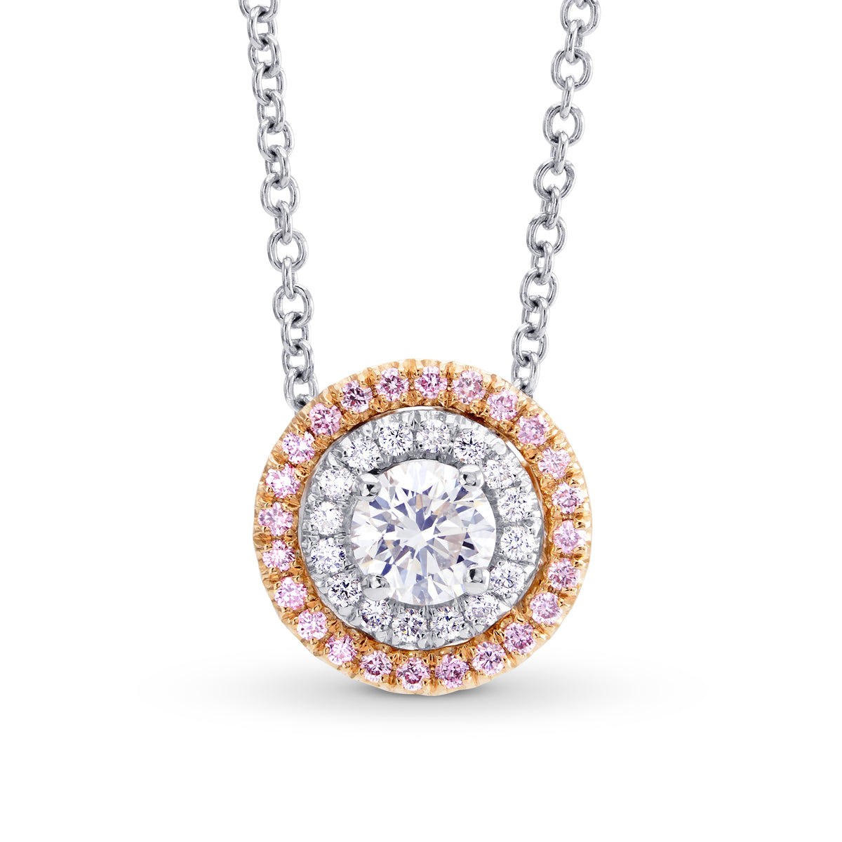Round White and Fancy Light Pink Diamond Double Halo Pendant