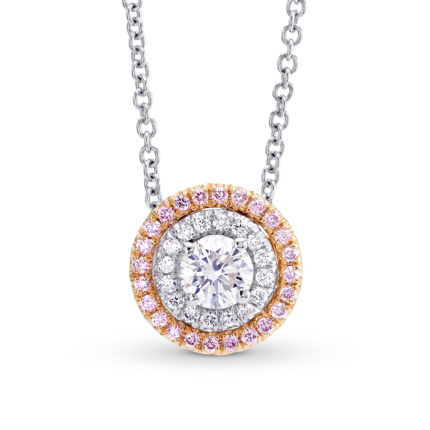 Round White and Fancy Light Pink Diamond Double Halo Pendant