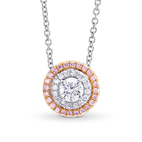 Round White and Fancy Light Pink Diamond Double Halo Pendant