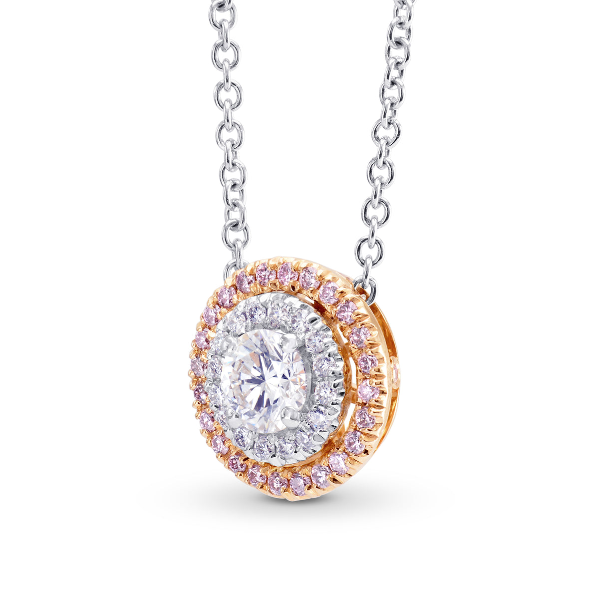 Round White and Fancy Light Pink Diamond Double Halo Pendant