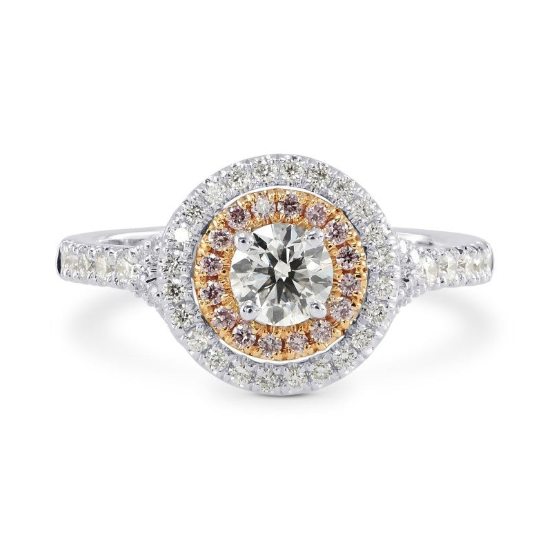 Round White and Pink Diamond Double Halo Ring